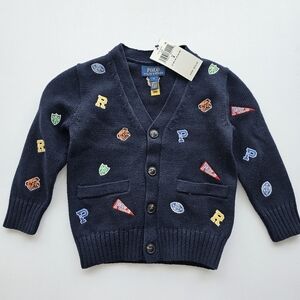 Ralph Lauren Polo Dark Blue Sweater Cardigan Football Sports Embroided NWT $145